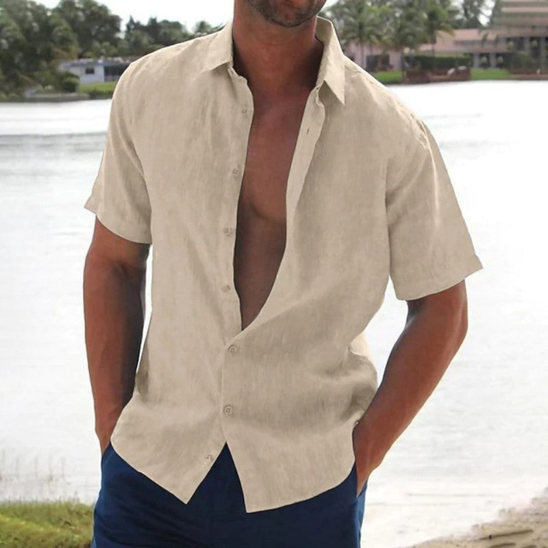 Lars | Linnen casual heren overhemd met korte mouw in de kleur Khaki voor heren in Smart-casual stijl ideaal voor de zomer.