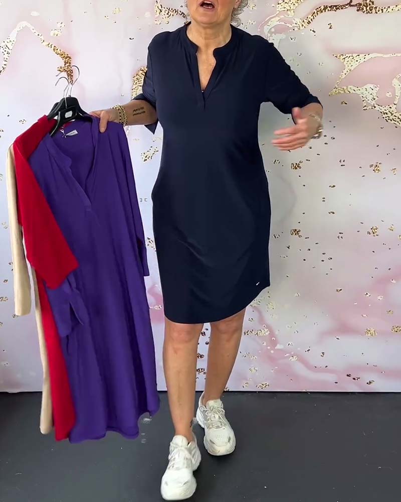 Effen Jurk met V-hals en Korte Mouwen - Mode Vibes