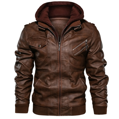 Leren Jack in met voering en capuchon voor mannen in de kleur Bruin voor heren in stijl ideaal voor de herfst.