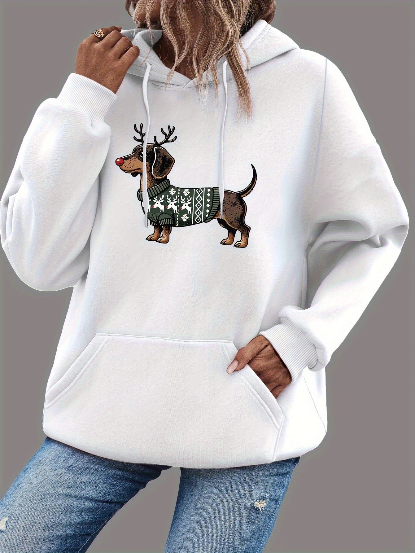 Kerst Hoodie Teckel Print Schattig Warm voor Dames - Mode Vibes