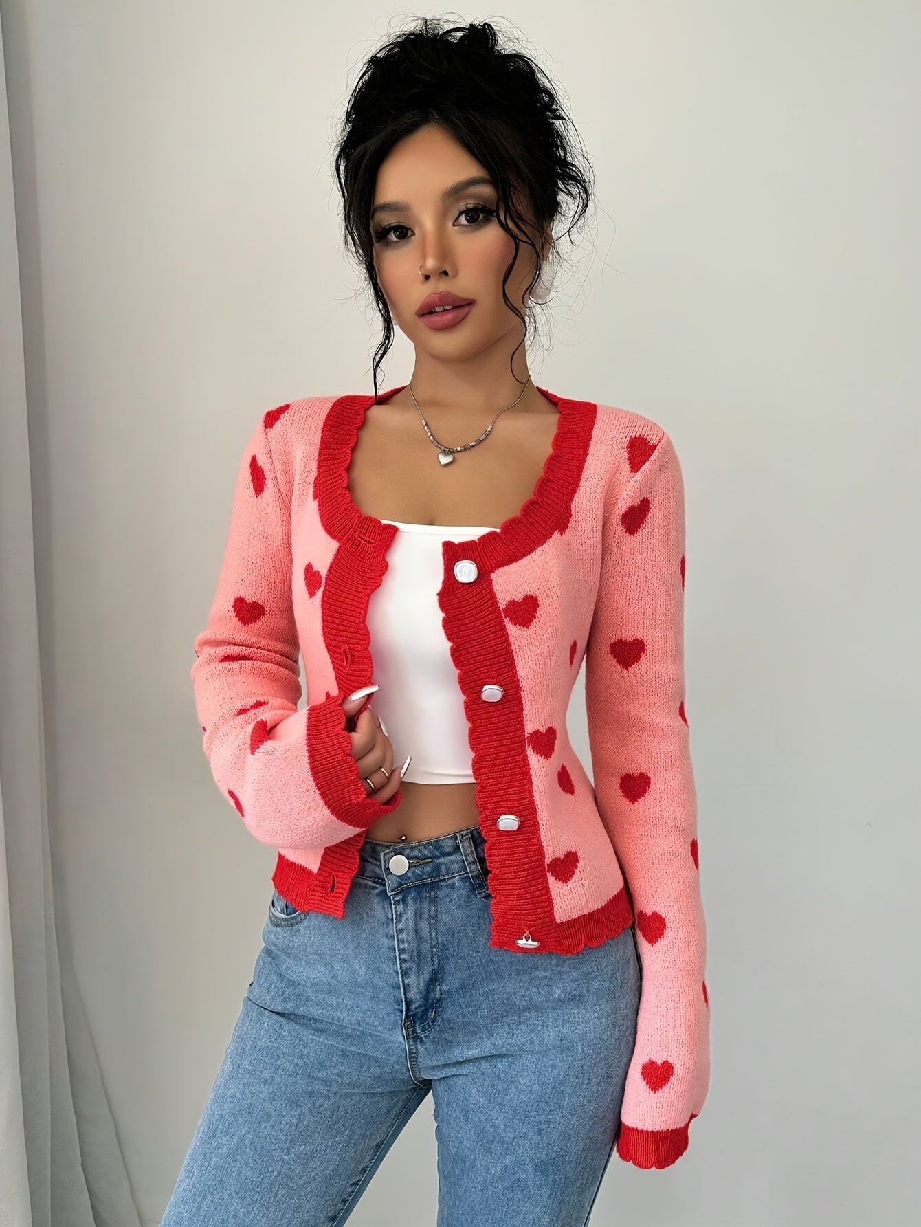 Damesvest Rood Roze Hartjespatroon Stijlvol - Mode Vibes