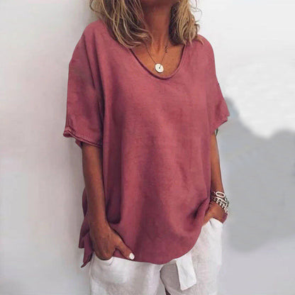 Elina | Dames Blouse Ademend Katoen, Korte Mouw V-hals
