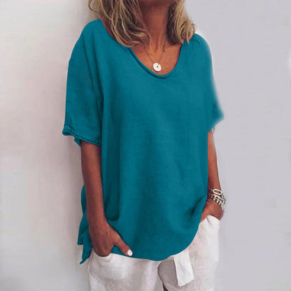 Elina | Dames Blouse Ademend Katoen, Korte Mouw V-hals