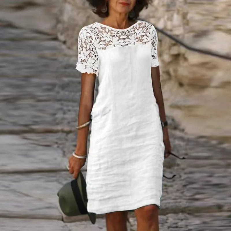 Katoenen Jurk met Linnen en Kant Details Zomerjurk - Mode Vibes