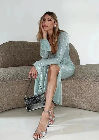 Mintgroene Glitter Jurk Dames Lange Mouwen