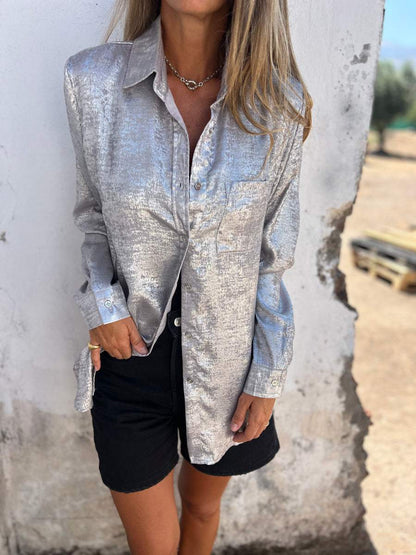 Dames Blouse – Oversized Shirt met Glanzende Textuur – Casual & Chic
