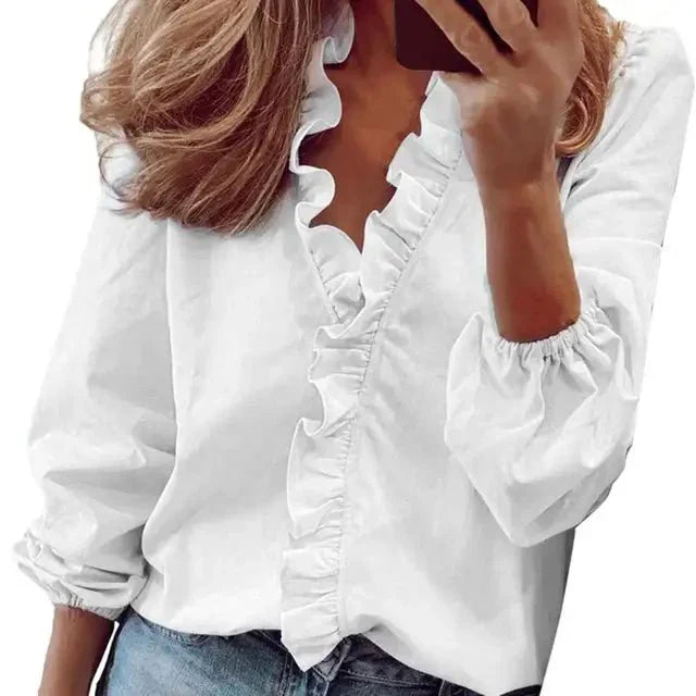 Camille – Dames Blouse met V-Hals en Ruches
