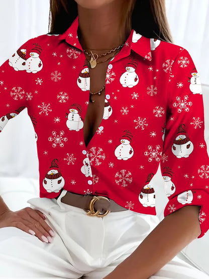 Kerst Blouse Lange Mouwen Sneeuwman Print voor Vrouw - Mode Vibes