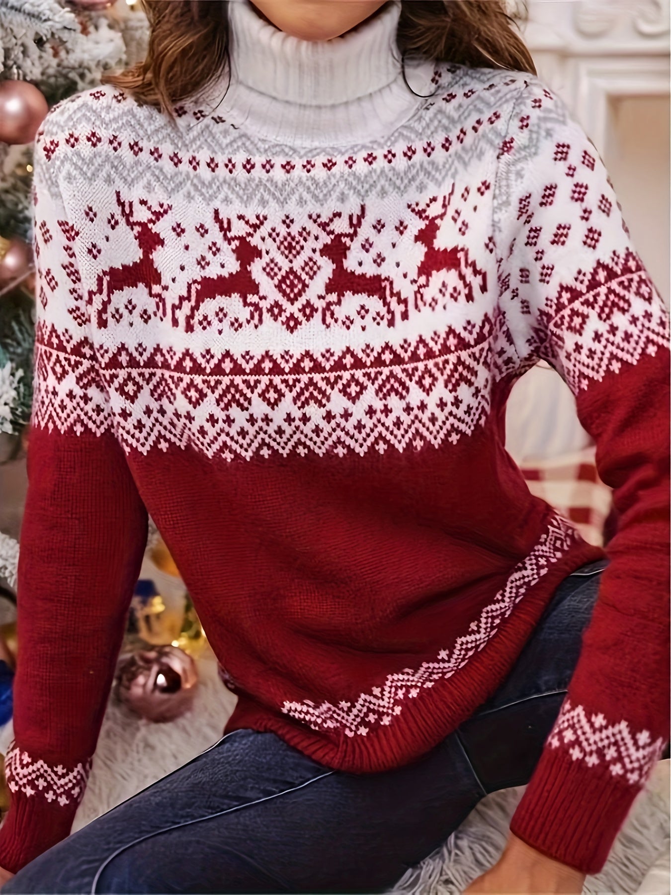 Kersttrui met Hertenprint en Rond Hals - Mode Vibes