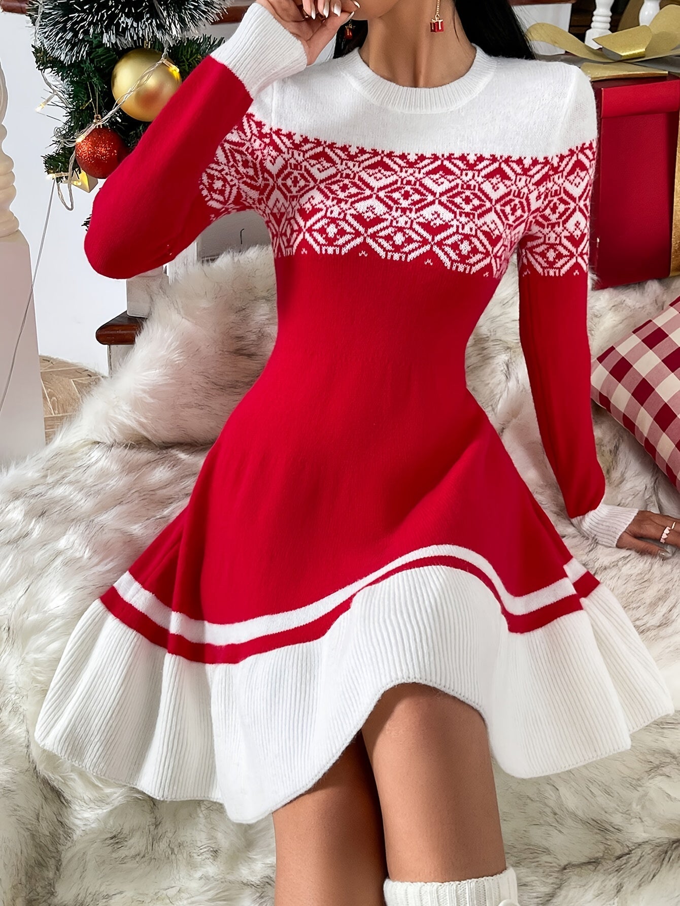 Kerstjurk voor Vrouw met Geo Patroon en Lange Mouwen - Mode Vibes
