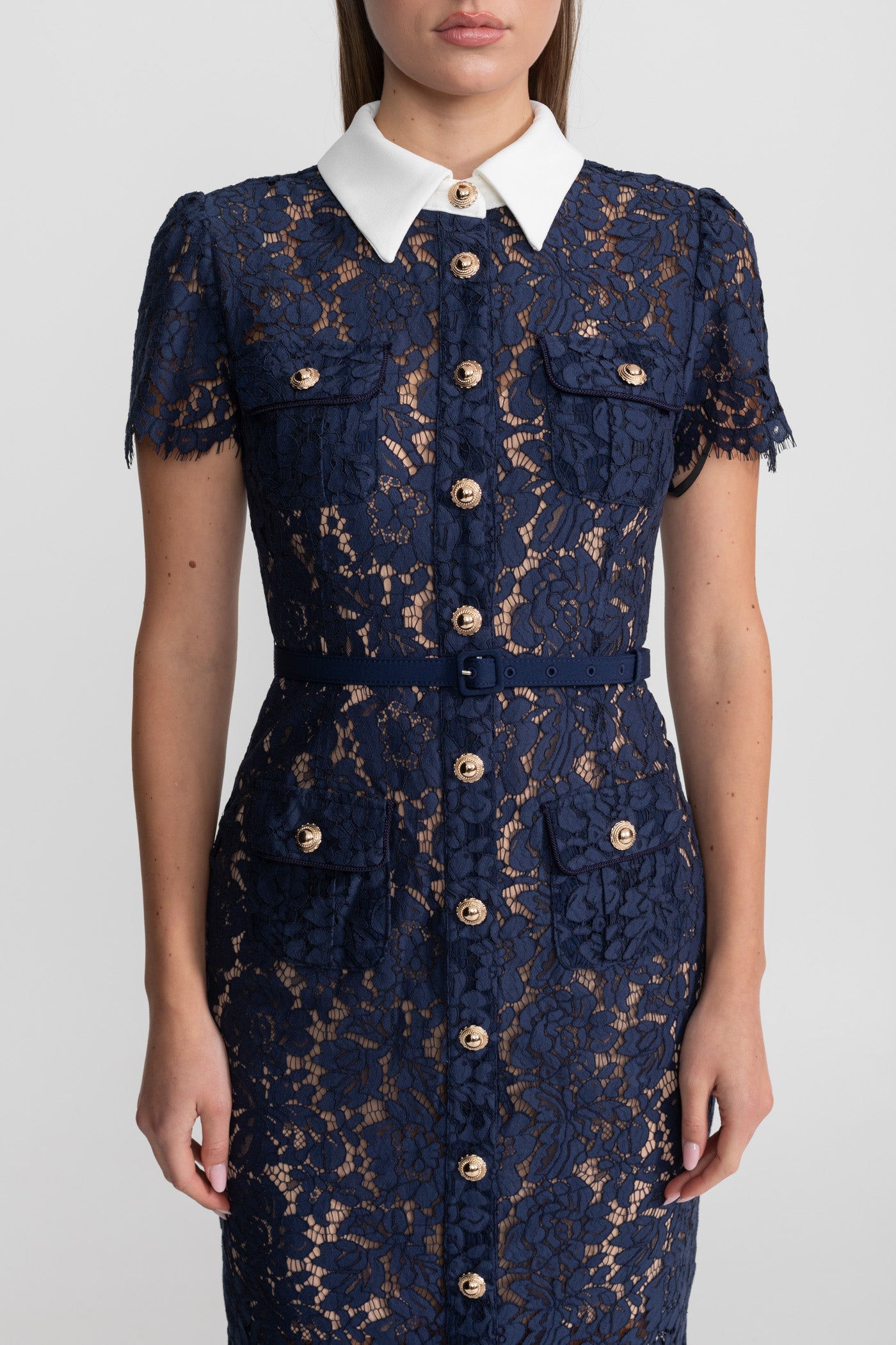 Dames Midi Jurk van Bloemenkant met Kraag en Tailleceintuur – Marineblauw