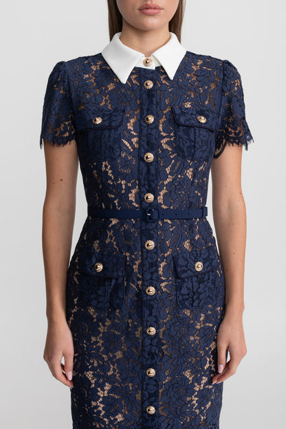 Dames Midi Jurk van Bloemenkant met Kraag en Tailleceintuur – Marineblauw