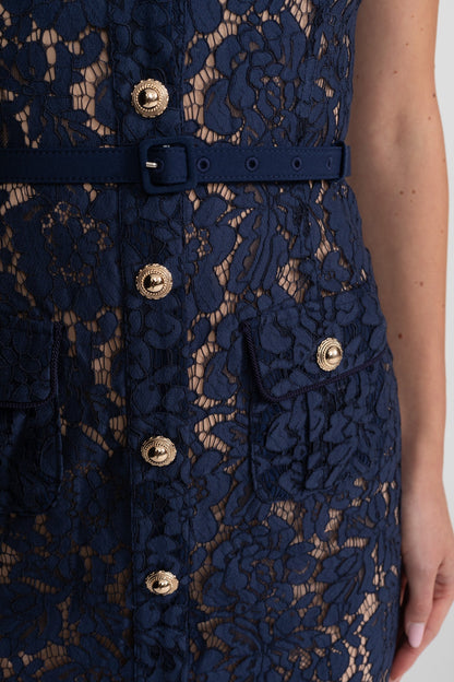 Dames Midi Jurk van Bloemenkant met Kraag en Tailleceintuur – Marineblauw