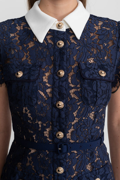 Dames Midi Jurk van Bloemenkant met Kraag en Tailleceintuur – Marineblauw
