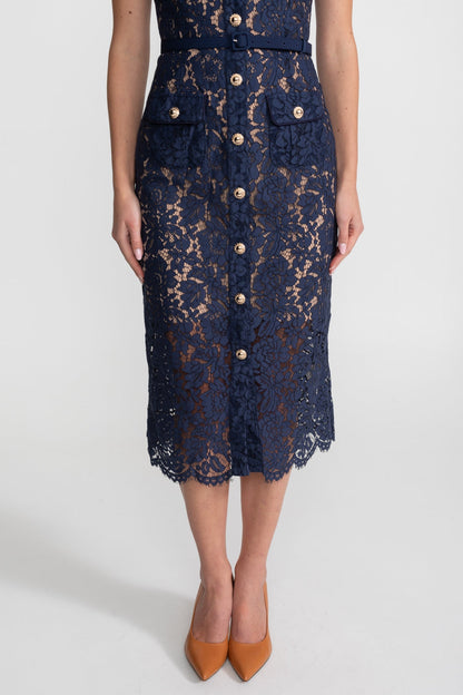 Dames Midi Jurk van Bloemenkant met Kraag en Tailleceintuur – Marineblauw