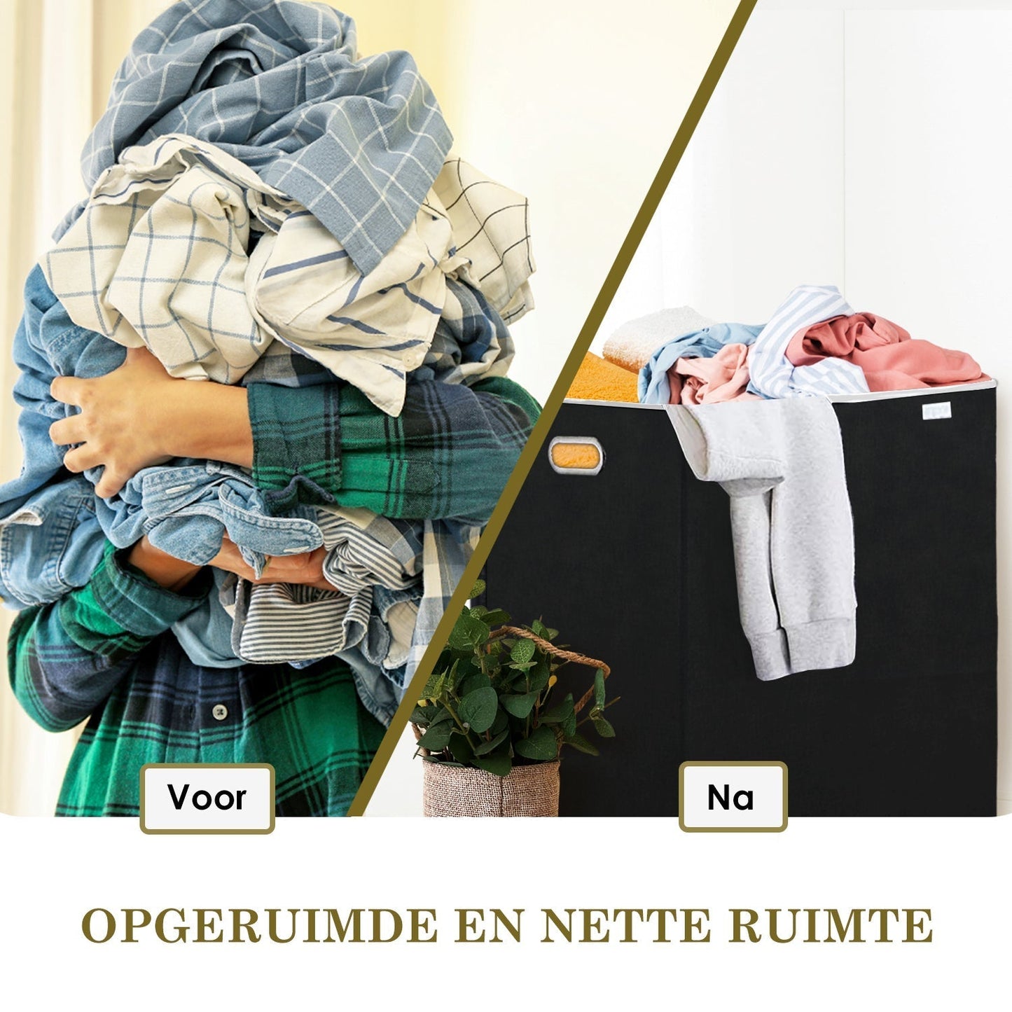 Wasmand met Deksel 3 Vaks Opbergen en Sorteren