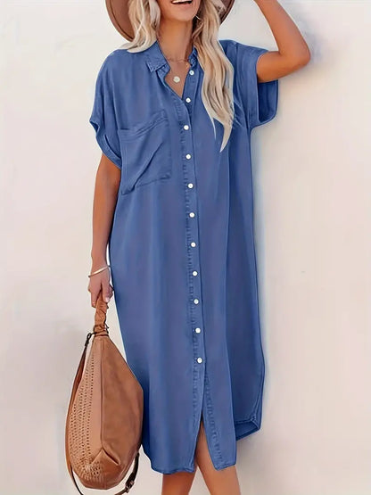 Lange blouse-jurk met knopen en zakken, korte mouwen