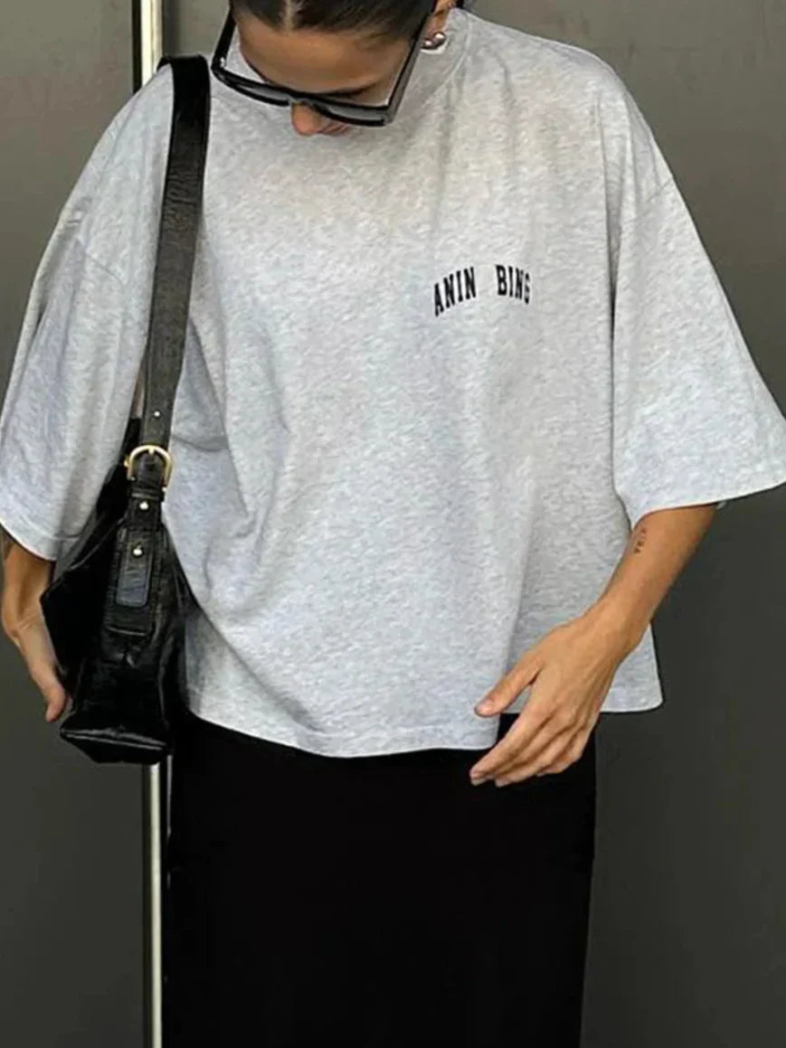 Dames T-Shirt Oversized Grijs met Logo - Mode Vibes