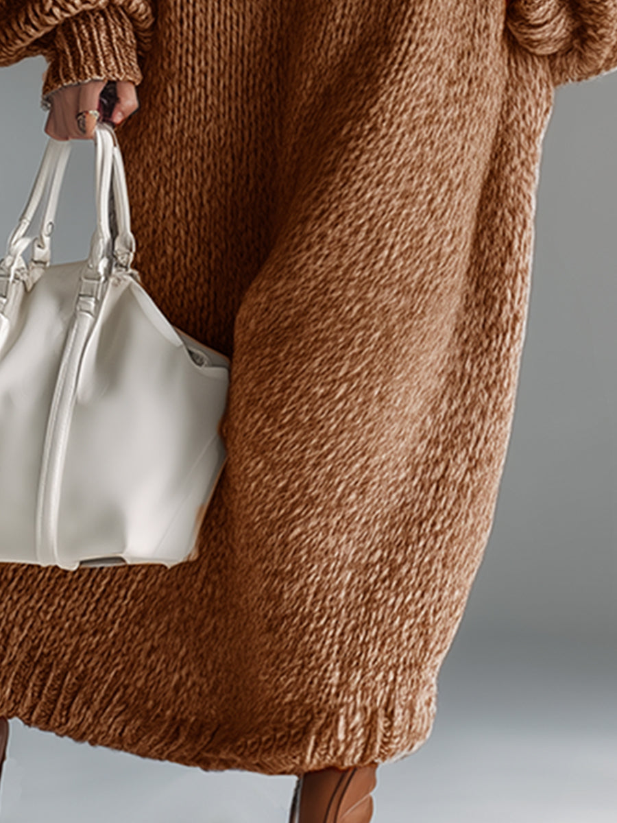 Dames Gebreide Maxi Jurk met Ronde Hals in Gemêleerd Khaki