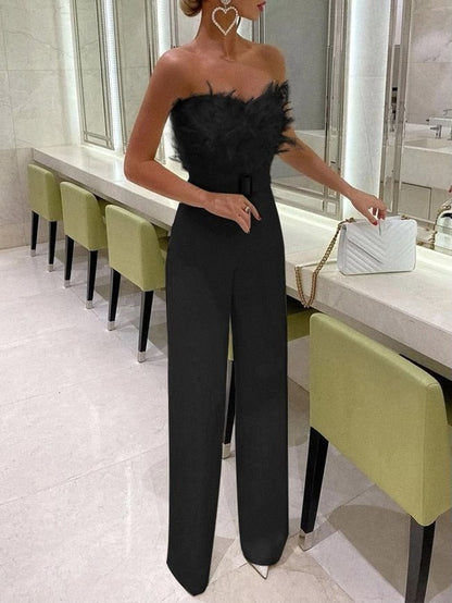 Luxe Jumpsuit met Veren Accent en Lange Mouwen - Mode Vibes