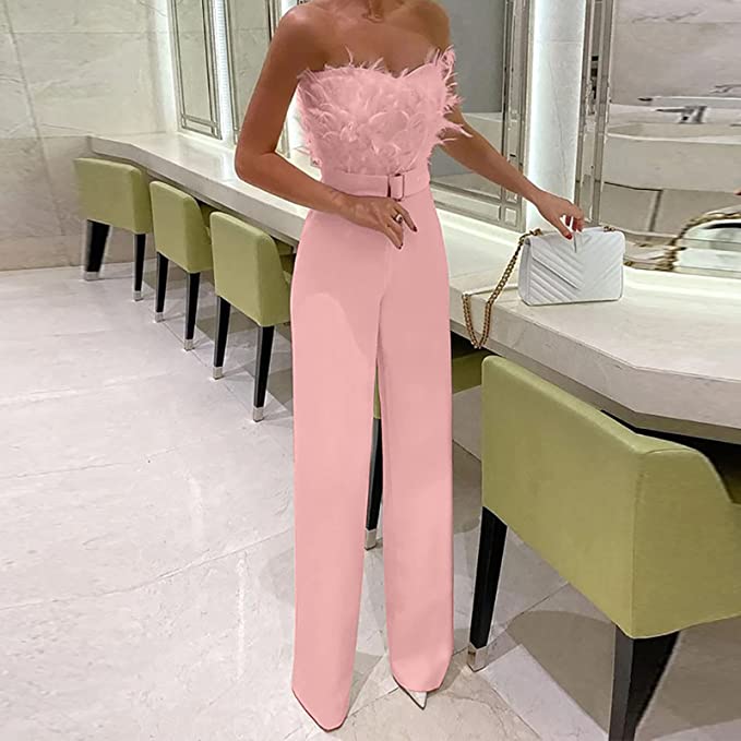 Luxe Jumpsuit met Veren Accent en Lange Mouwen