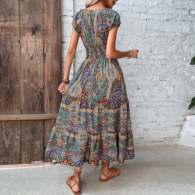 Dames Maxidress Boho Print V-hals Zomerjurk - Mode Vibes