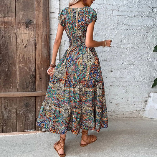Dames Maxidress Boho Print V-hals Zomerjurk - Mode Vibes