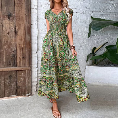Dames Maxidress Boho Print V-hals Zomerjurk