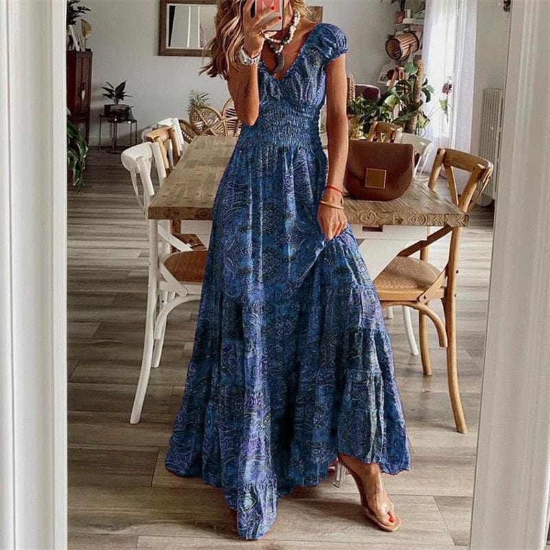 Dames Maxidress Boho Print V-hals Zomerjurk