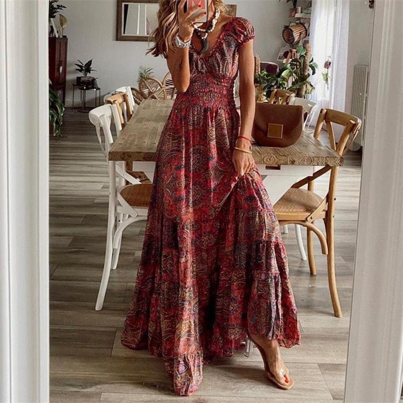 Dames Maxidress Boho Print V-hals Zomerjurk