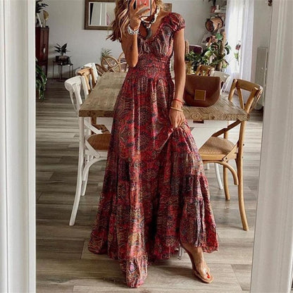 Dames Maxidress Boho Print V-hals Zomerjurk