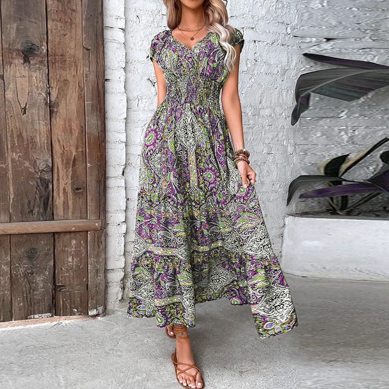 Dames Maxidress Boho Print V-hals Zomerjurk