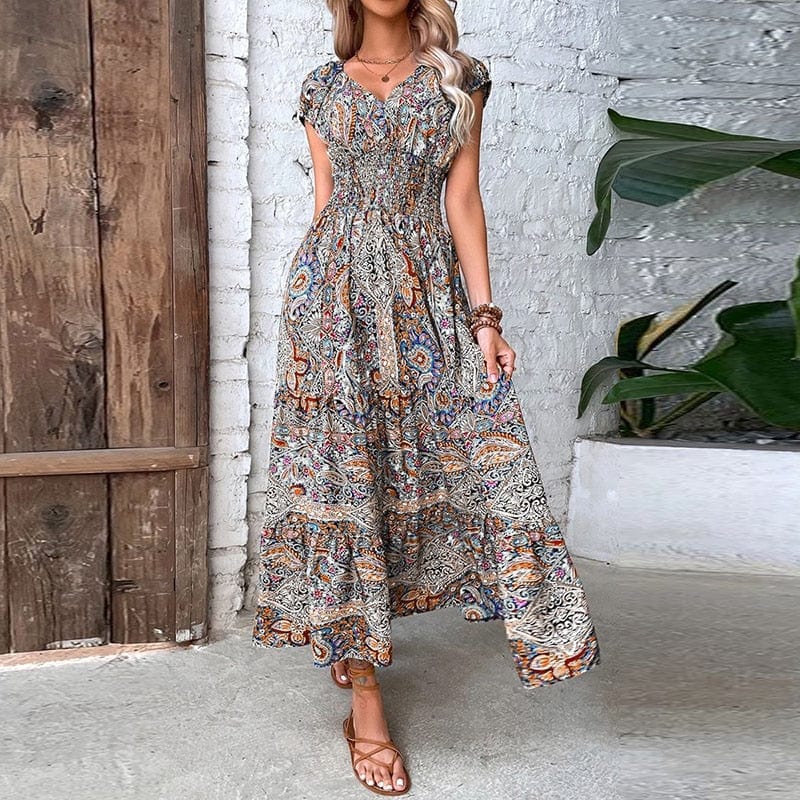Dames Maxidress Boho Print V-hals Zomerjurk