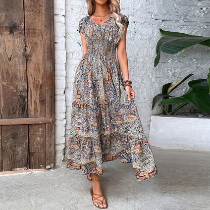 Dames Maxidress Boho Print V-hals Zomerjurk