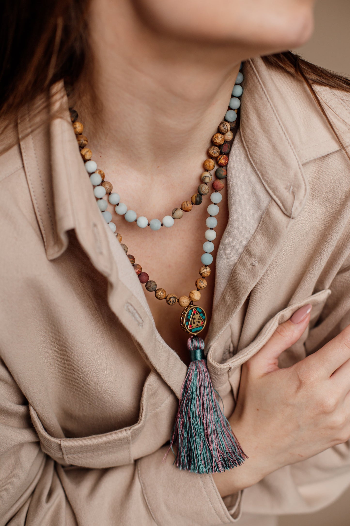 Mala Kralenketting Aum Zilverkleurig Boeddhisme Accessoire