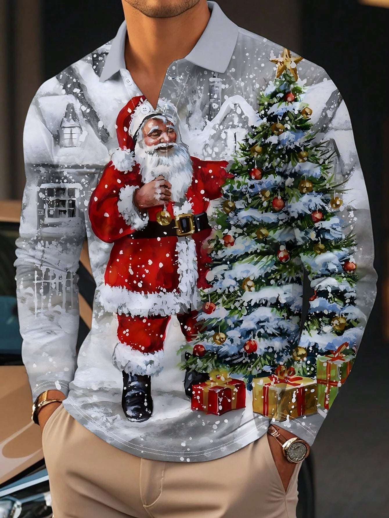 Kersttrui Lange Mouw Polo voor Mannen Met Feestelijke Print - Mode Vibes