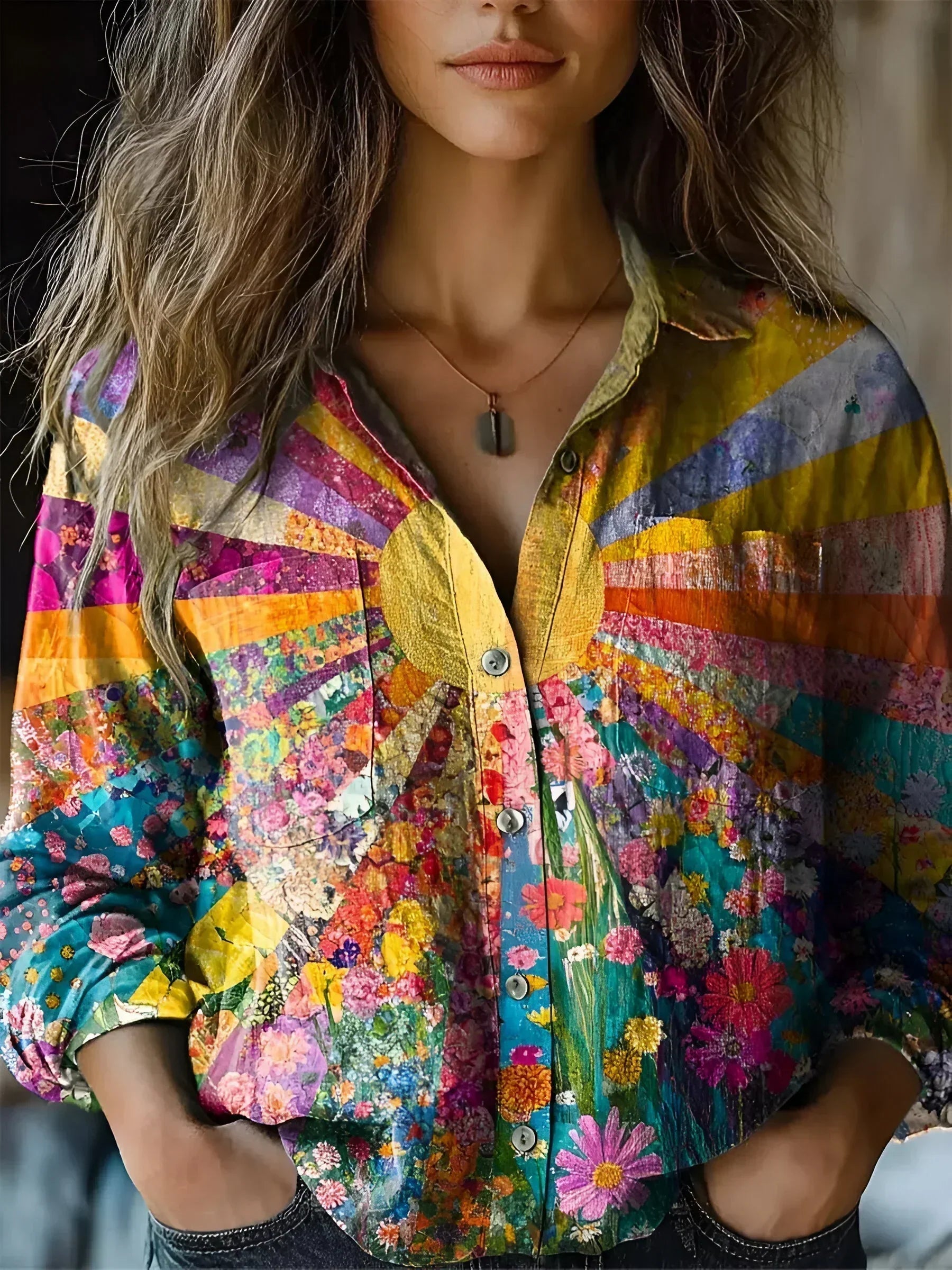 Kleurrijke Vrouwen Top met Zonnetjes - Mode Vibes