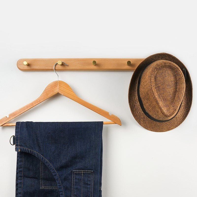 Houten Wandkapstok met Messing Haken voor Jas en Hoed
