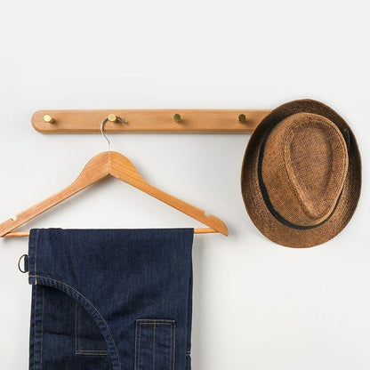 Houten Wandkapstok met Messing Haken voor Jas en Hoed