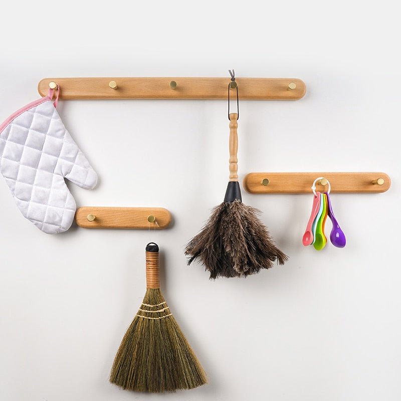 Houten Wandkapstok met Messing Haken voor Jas en Hoed