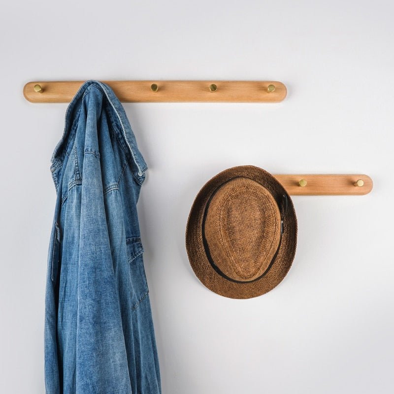Houten Wandkapstok met Messing Haken voor Jas en Hoed