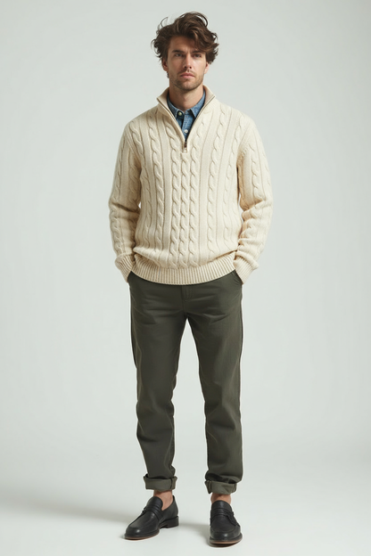 Heren Trui - Luxe Gebreide Coltrui met Rits en Jacquard Patroon - Mode Vibes