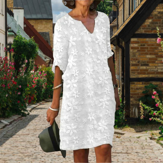 Amber Damesjurk – Elegante V-hals, Bloemenontwerp voor Zomer-1