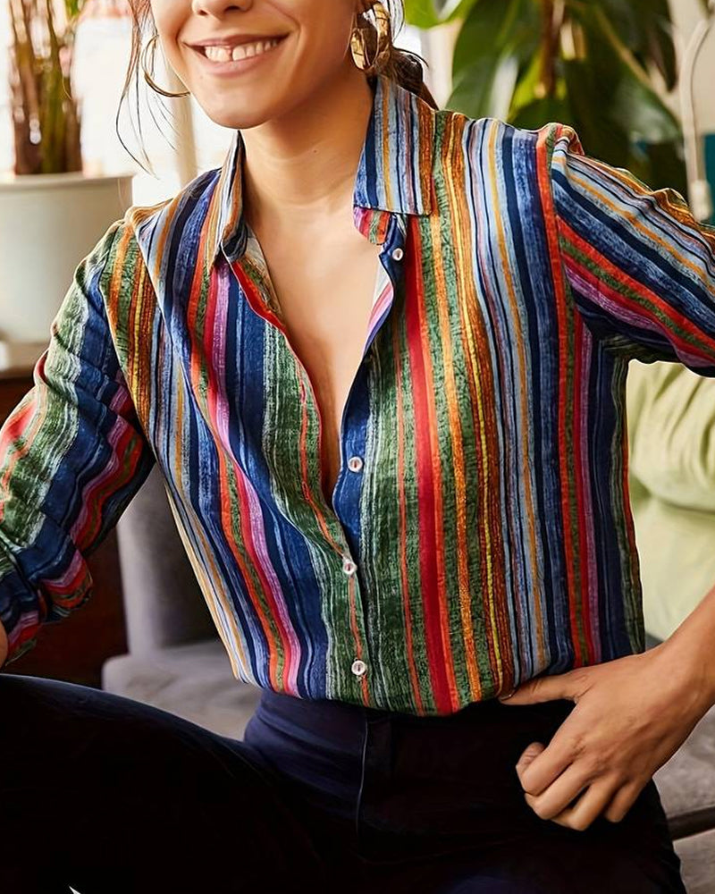 Damesblouse Gestreept met Knopen Vrouwelijk Design