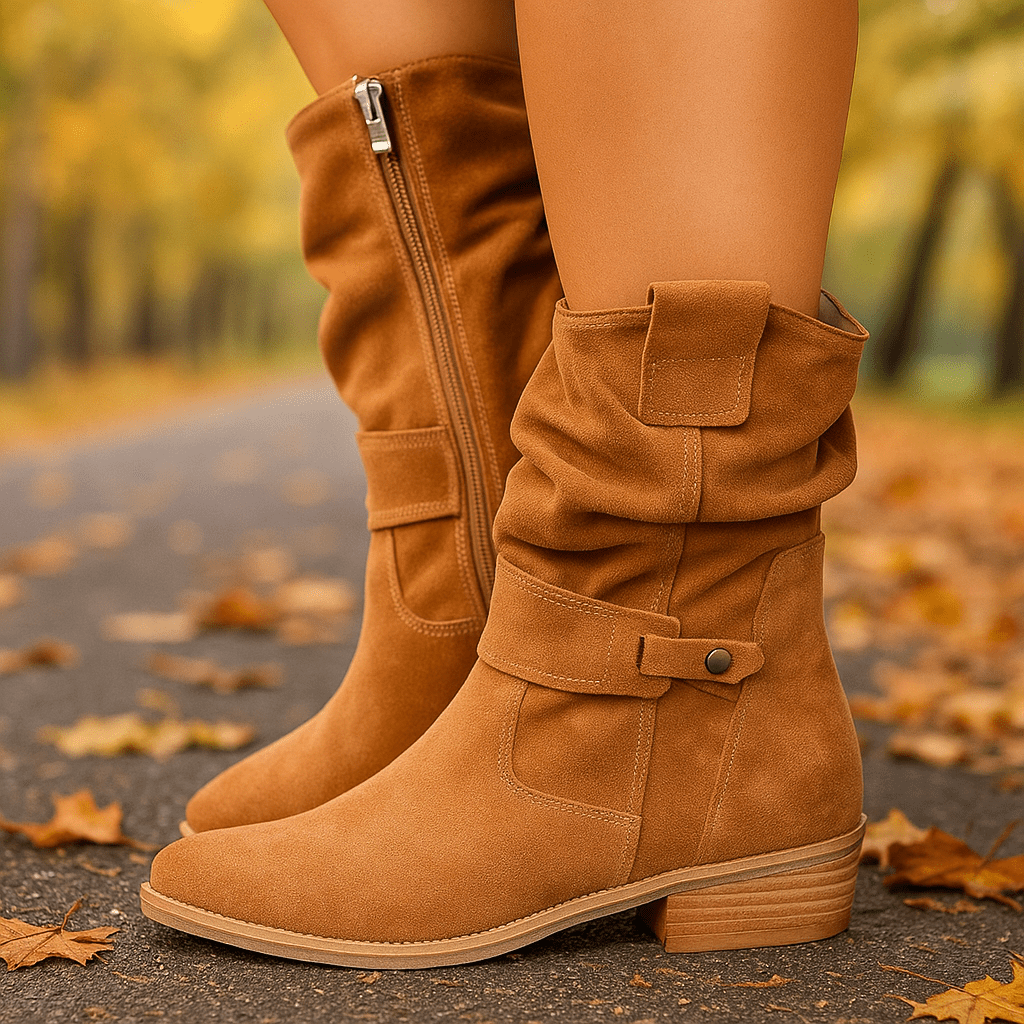 Vrouwelijke Nubuck Laarzen Rondneus Met Riemsluiting - Mode Vibes