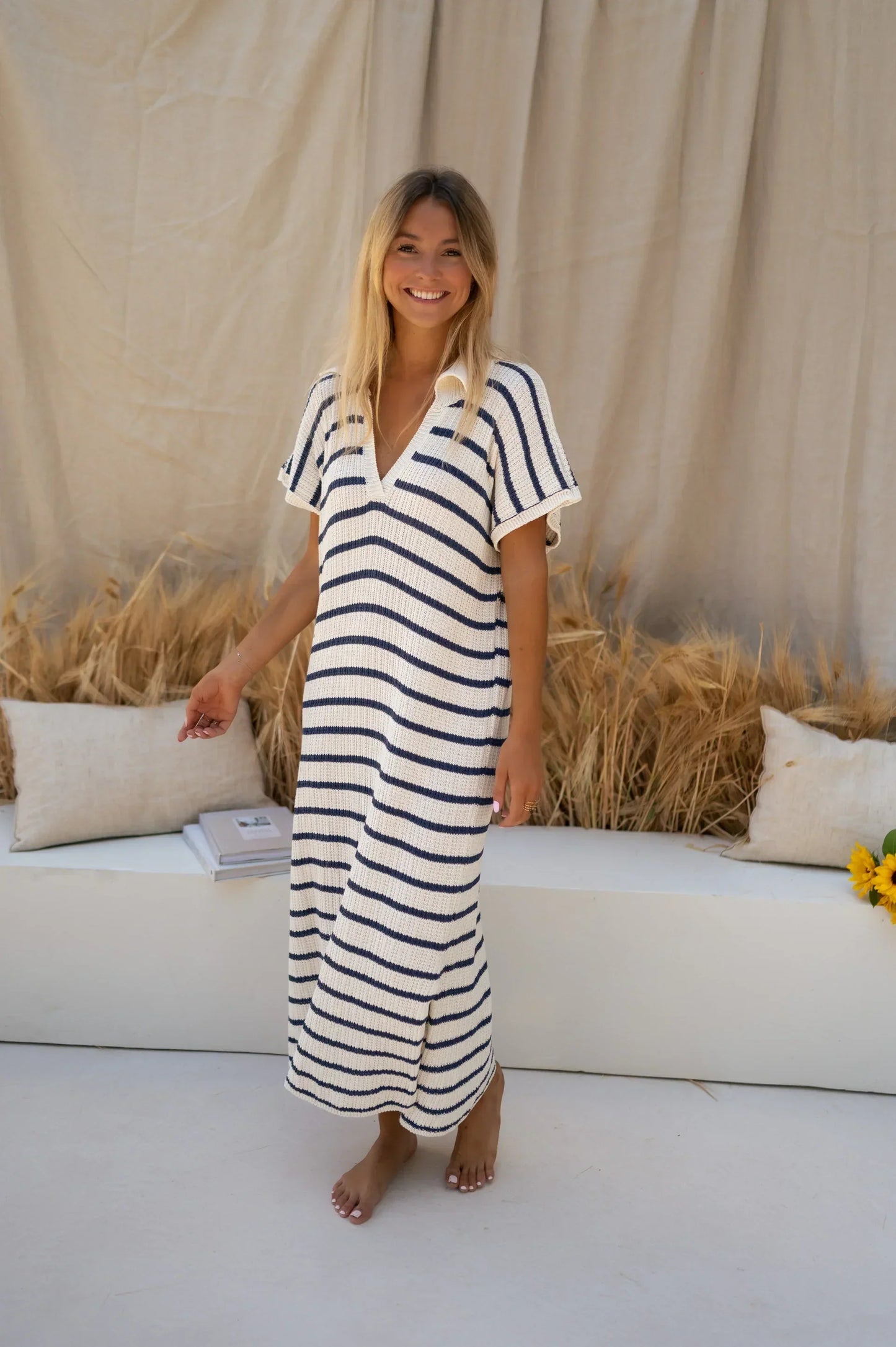 Dames Gebreide Zomerjurk Met Streeppatroon Tijdloze Stijl