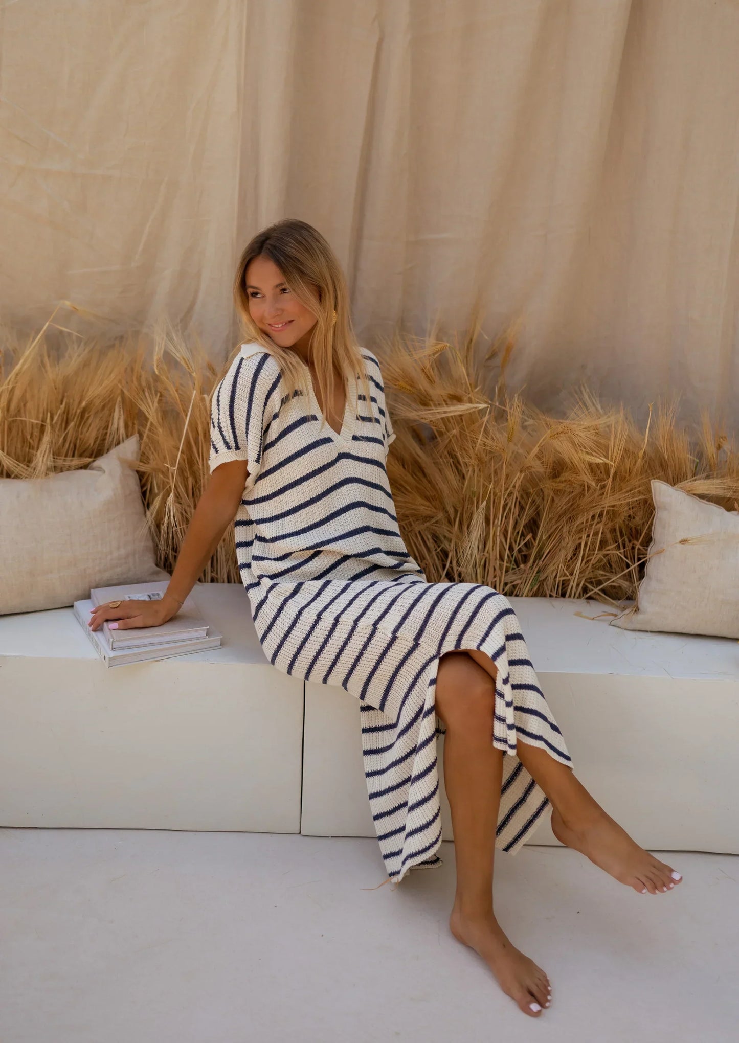 Dames Gebreide Zomerjurk Met Streeppatroon Tijdloze Stijl