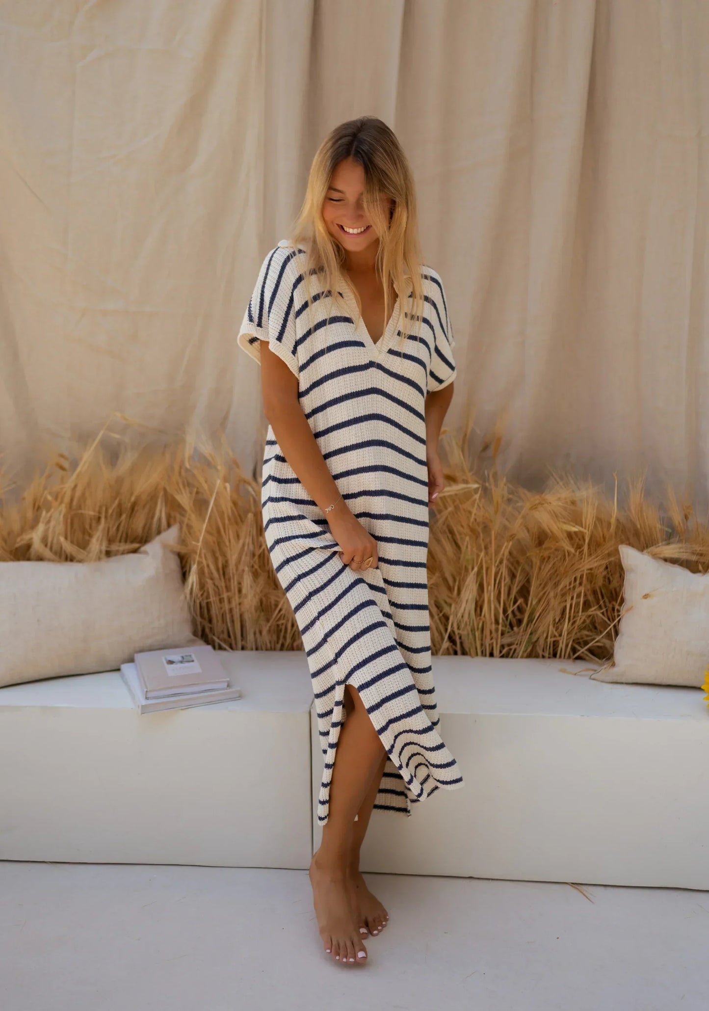Dames Gebreide Zomerjurk Met Streeppatroon Tijdloze Stijl