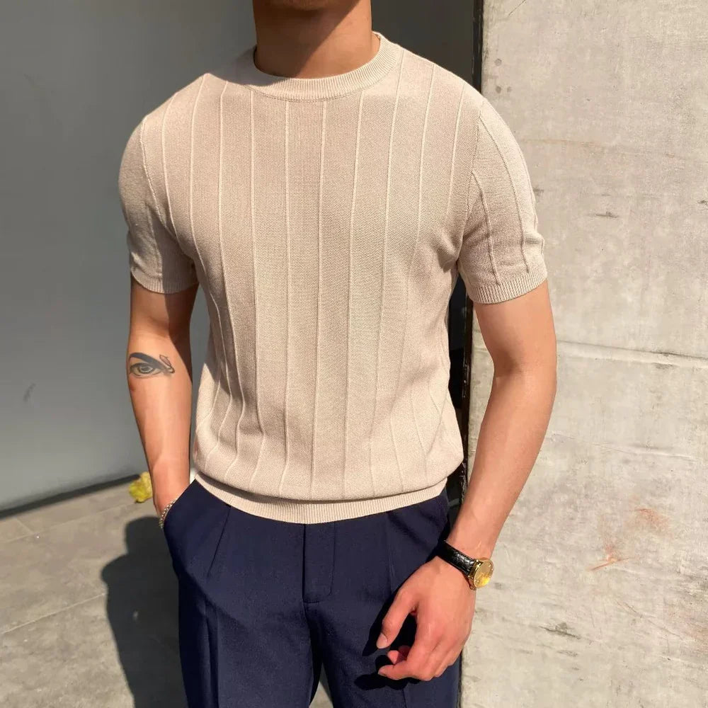 Ron | Ribgebreid T-shirt in de kleur Beige voor in stijl ideaal voor de herfst.