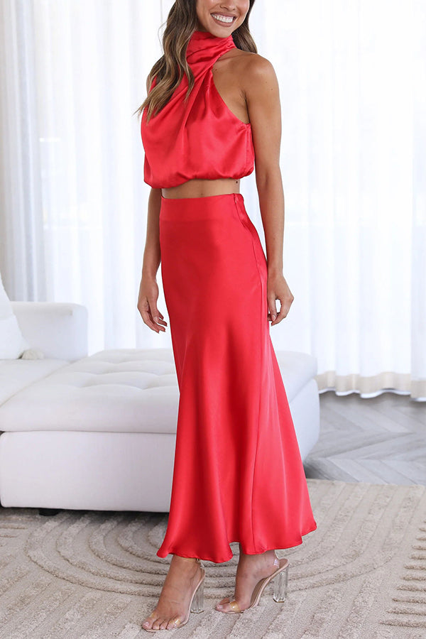 Satijnen Two-Piece Set met Haltertop en Maxi Rok